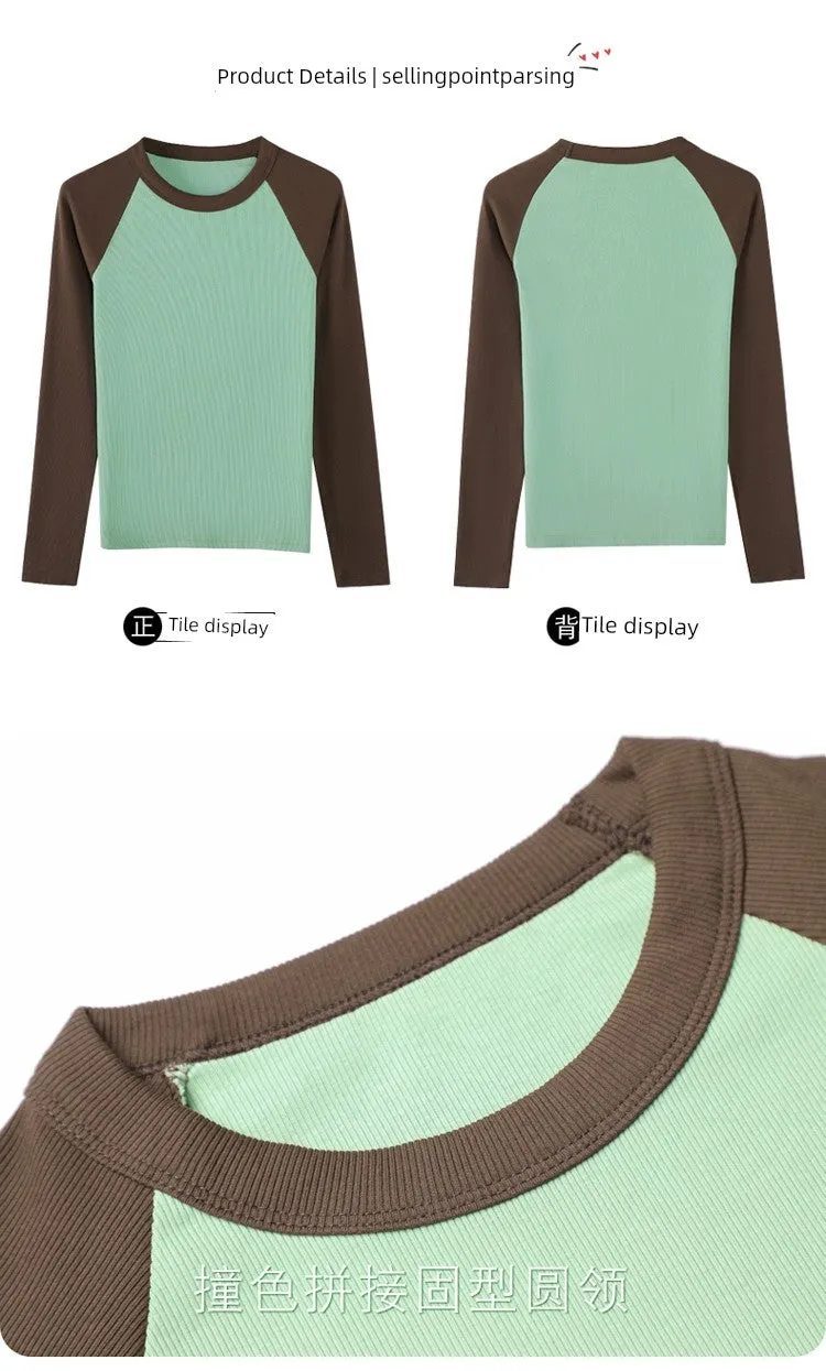 Shoulder New Contrast Color Slim Fit Upper Clothes Long Sleeves T-shirt