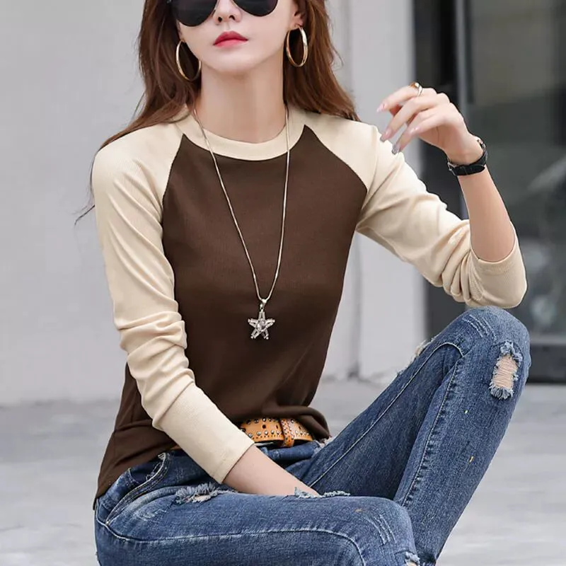 Shoulder New Contrast Color Slim Fit Upper Clothes Long Sleeves T-shirt