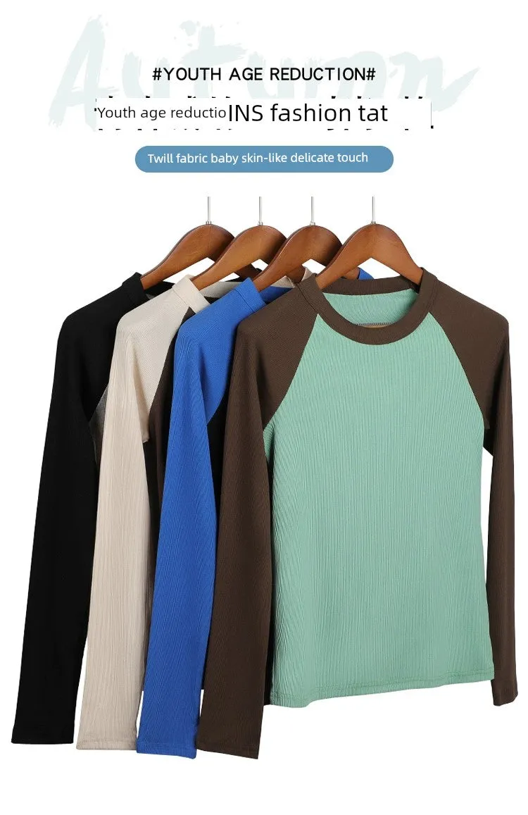 Shoulder New Contrast Color Slim Fit Upper Clothes Long Sleeves T-shirt
