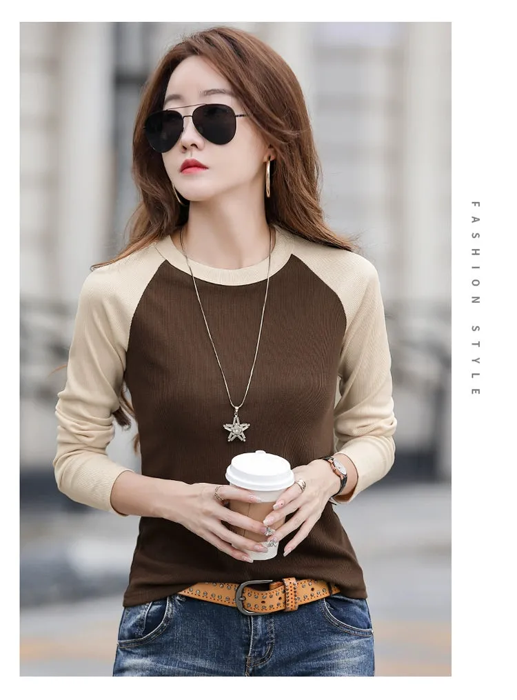 Shoulder New Contrast Color Slim Fit Upper Clothes Long Sleeves T-shirt