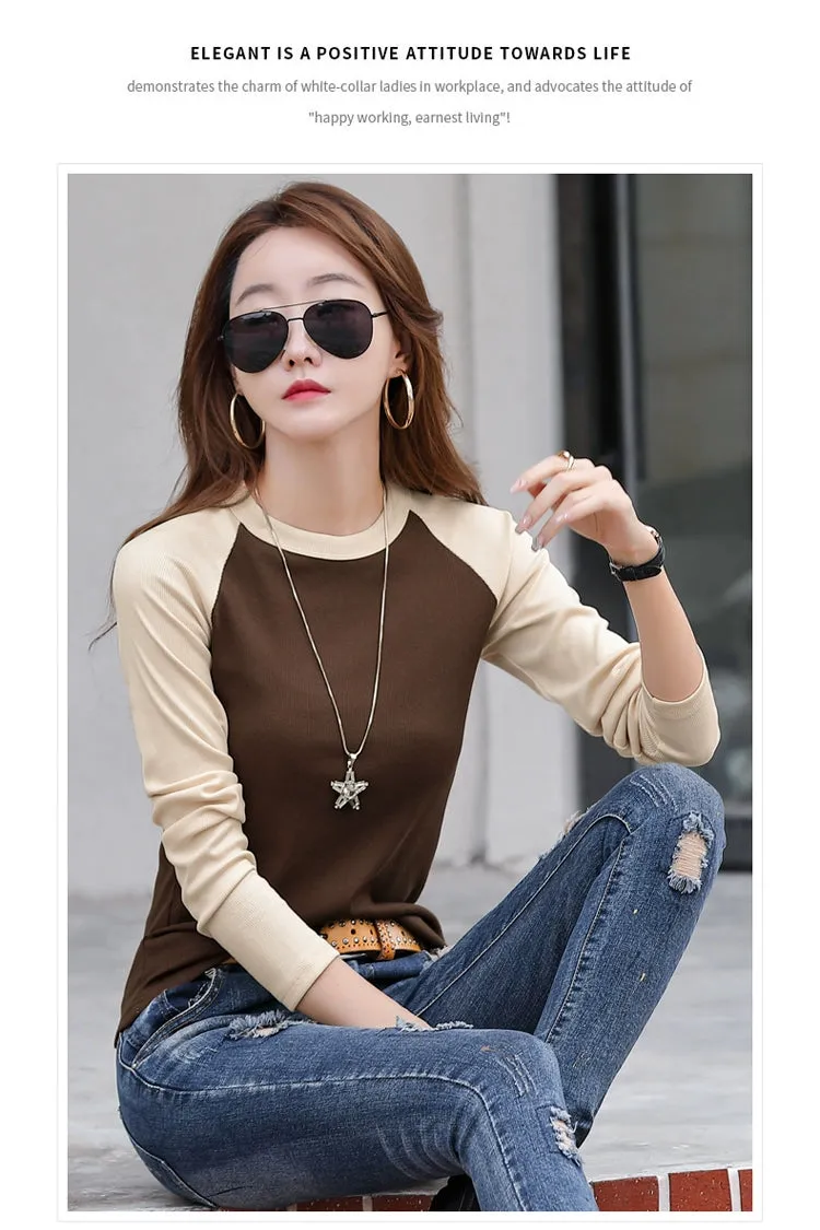 Shoulder New Contrast Color Slim Fit Upper Clothes Long Sleeves T-shirt