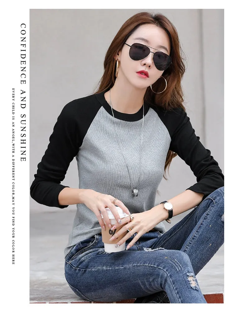 Shoulder New Contrast Color Slim Fit Upper Clothes Long Sleeves T-shirt
