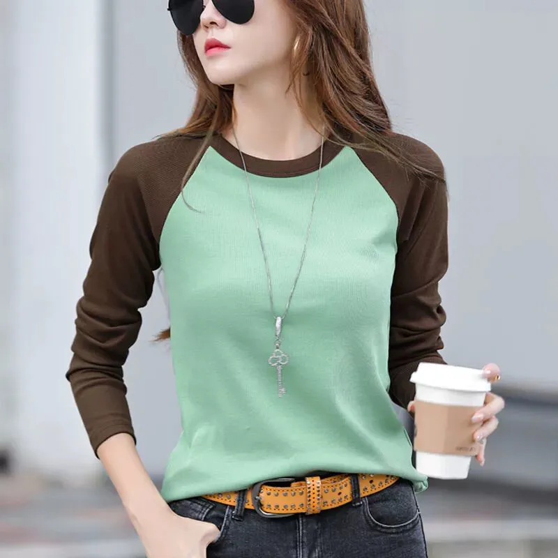 Shoulder New Contrast Color Slim Fit Upper Clothes Long Sleeves T-shirt
