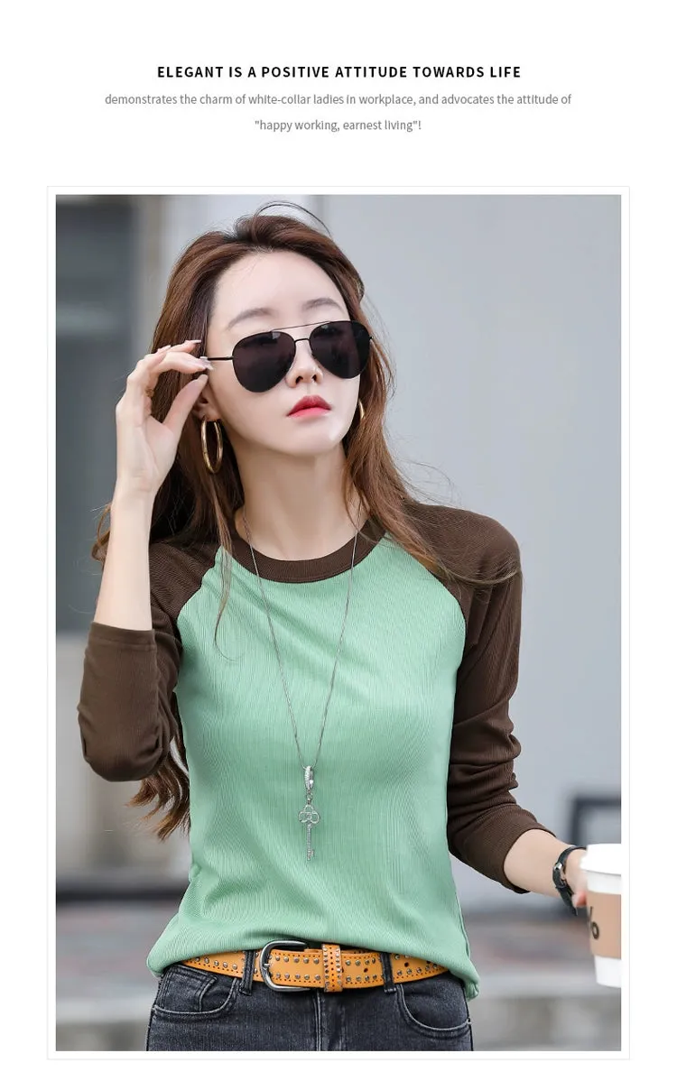 Shoulder New Contrast Color Slim Fit Upper Clothes Long Sleeves T-shirt