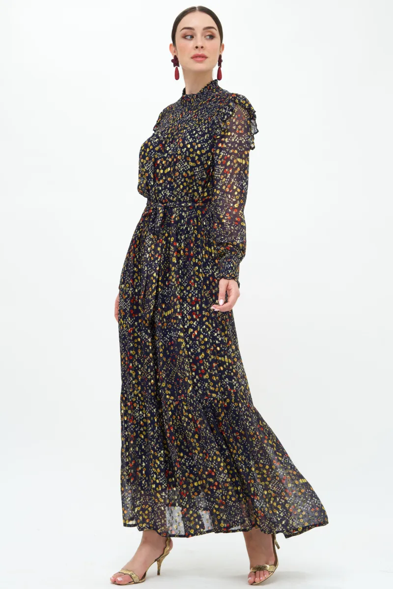 Smocked Neck Maxi Dress - Indigo Shibori