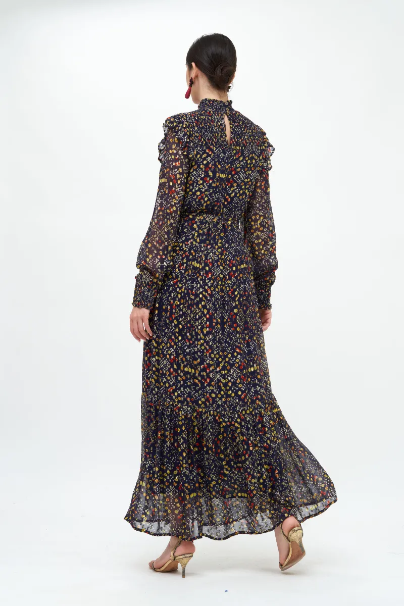 Smocked Neck Maxi Dress - Indigo Shibori