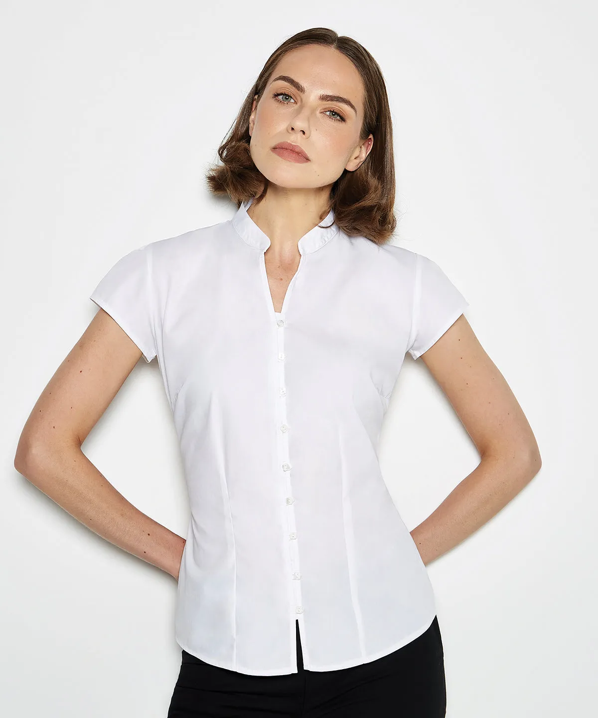 White - Women's continental blouse mandarin collar cap sleeve (tailored fit)