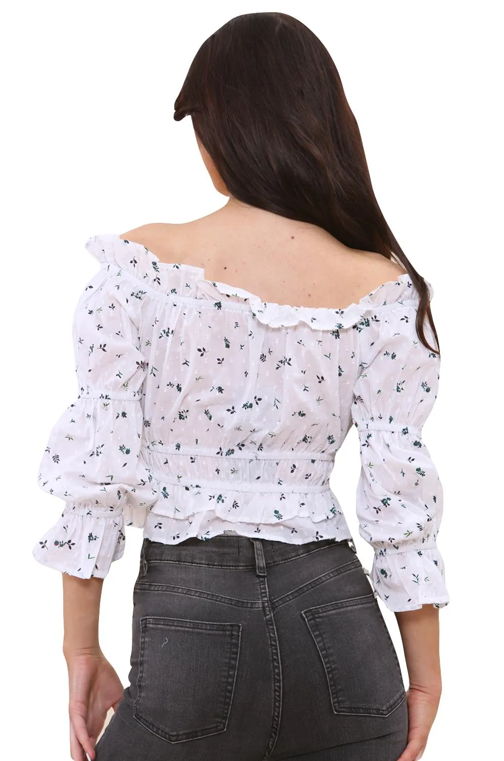 Womens Floral Print Shirred Detail Blouse
